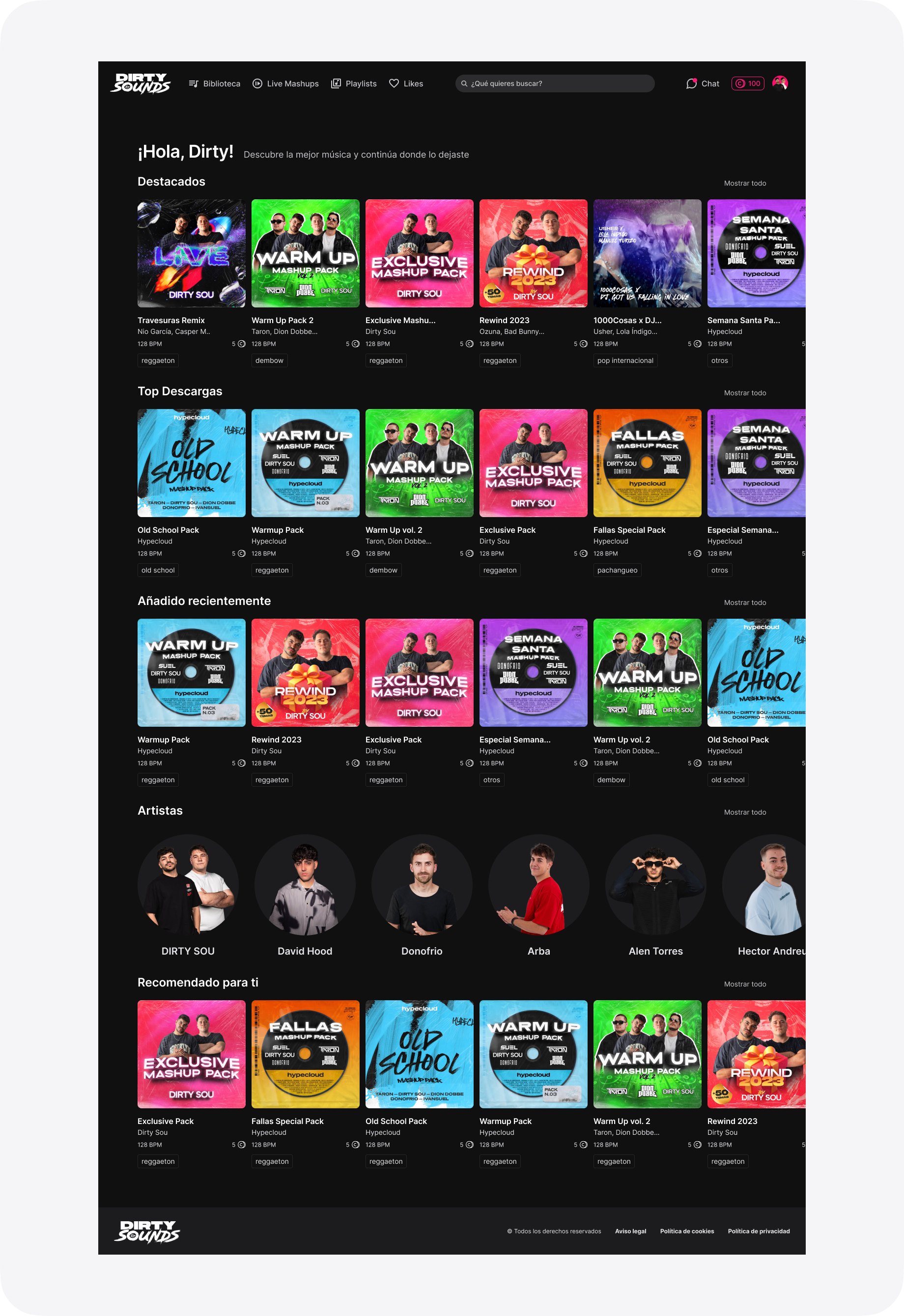 Interfaz de usuario de la plataforma Dirty Sounds