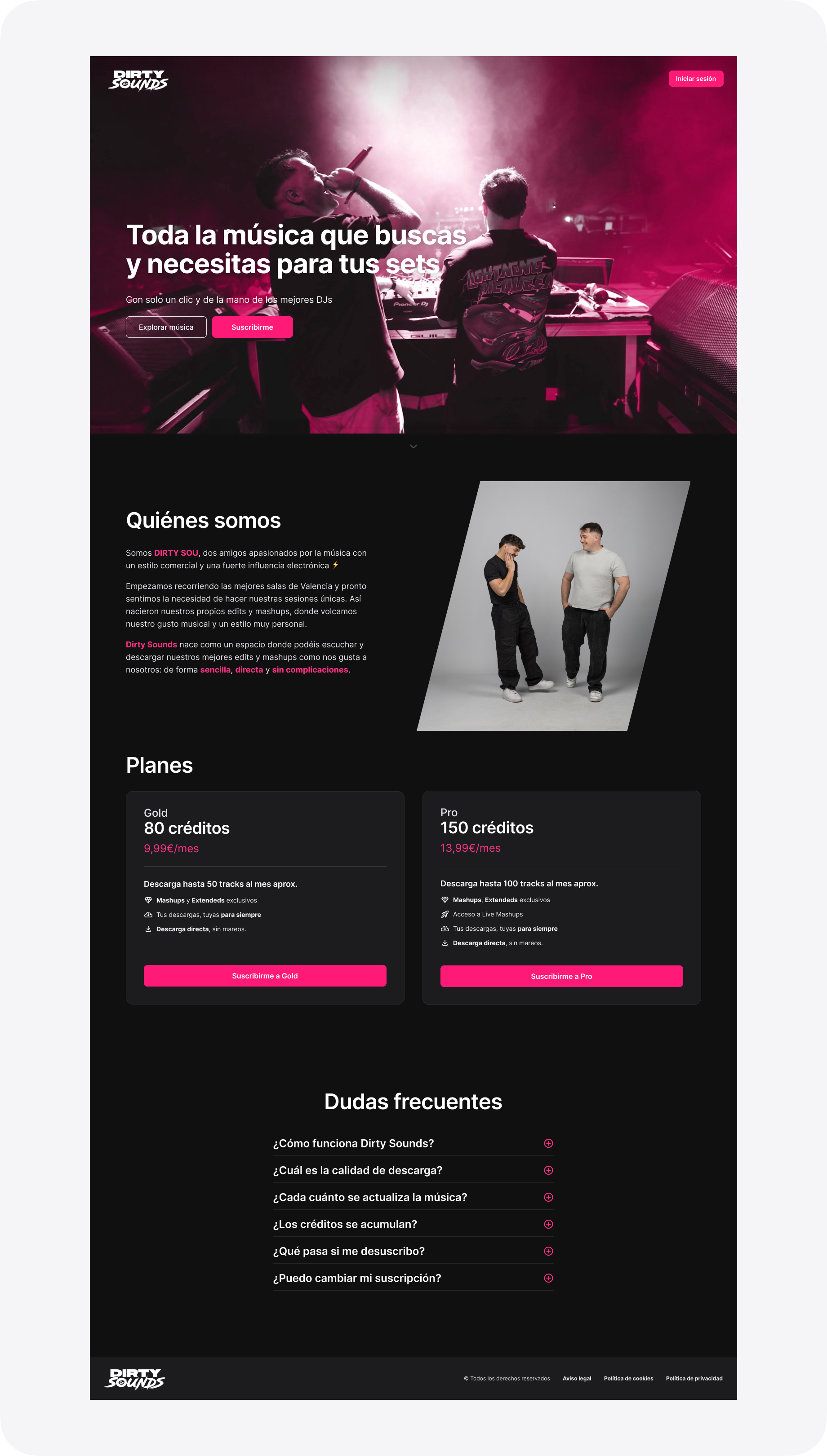 Diseño de la landing page de Dirty Sounds